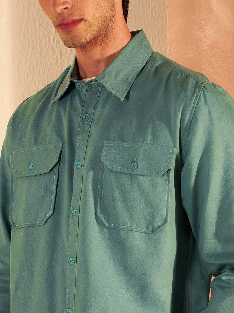 DENNISON Men Green Coord Set | Solid Shirt With Straight Fit Pant