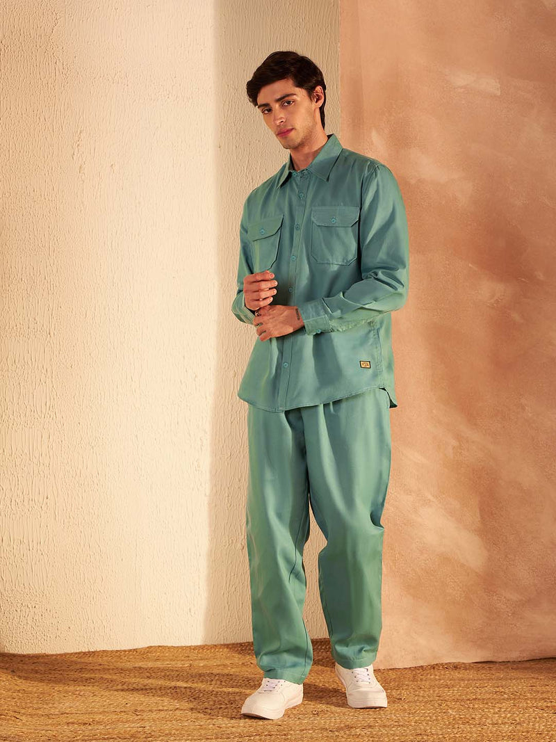 DENNISON Men Green Coord Set | Solid Shirt With Straight Fit Pant