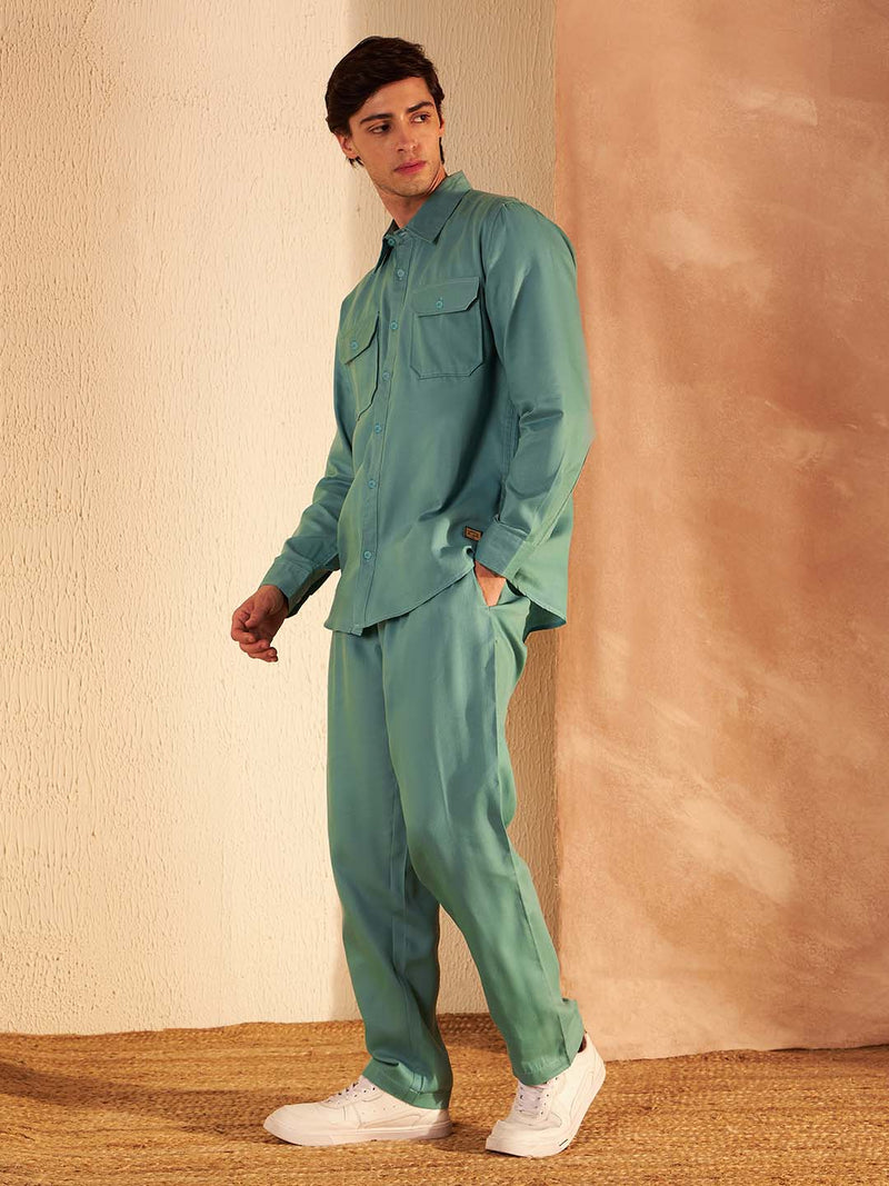 DENNISON Men Green Coord Set | Solid Shirt With Straight Fit Pant