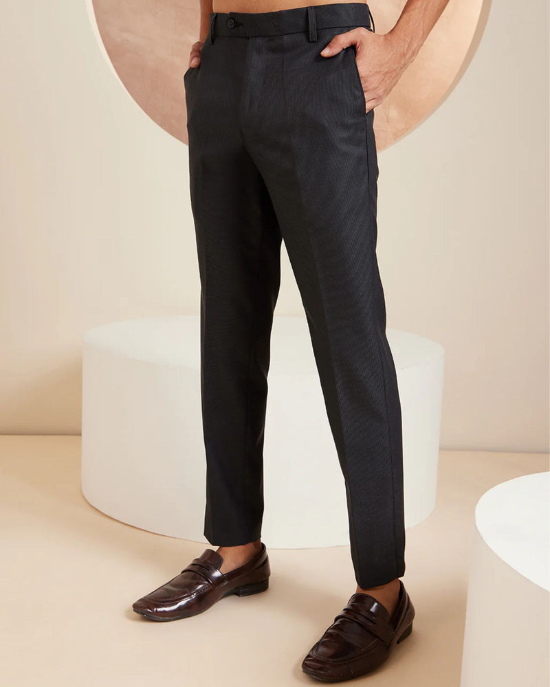 DENNISON Charcoal Black Men Smart Tapered Fit Easy Wash Trousers