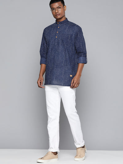 DENNISON Men Navy Blue & White Block Printed Kurta