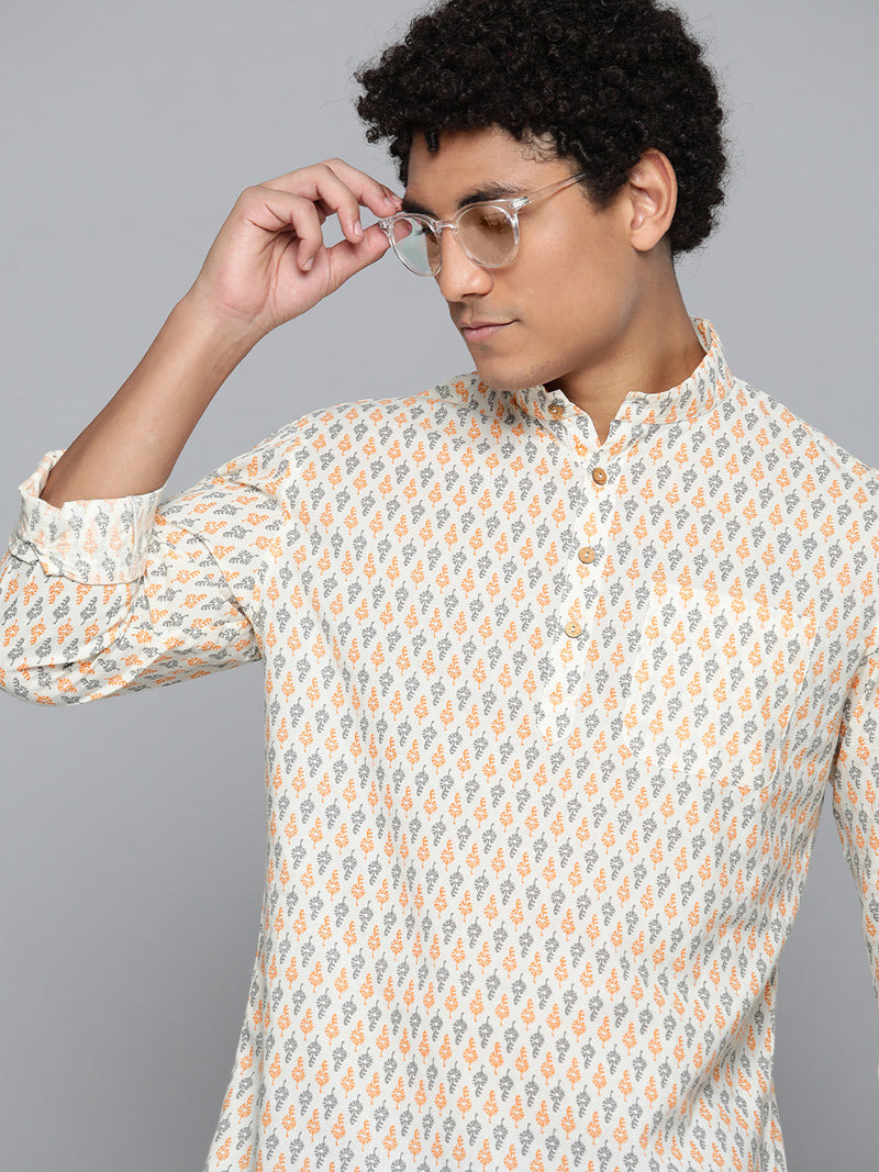 DENNISON Men White & Orange Block Printed Kurta