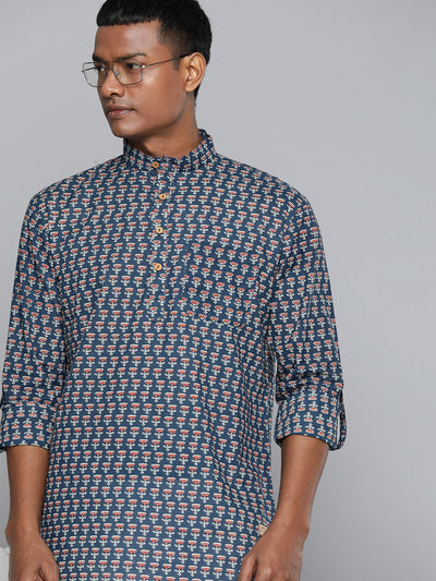 DENNISON Men Blue & Maroon Block Printed Kurta