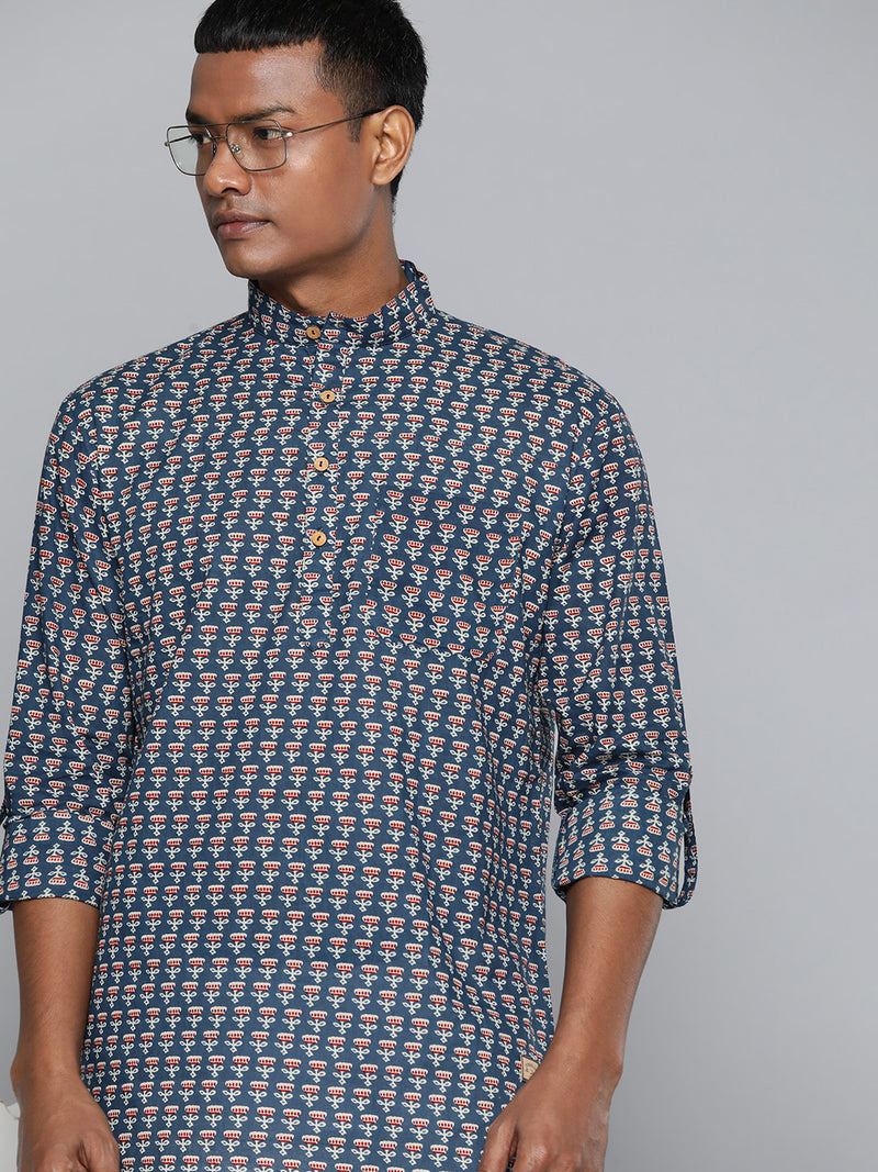 DENNISON Men Blue & Maroon Block Printed Kurta