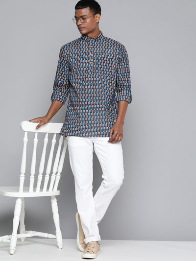 DENNISON Men Blue & Maroon Block Printed Kurta