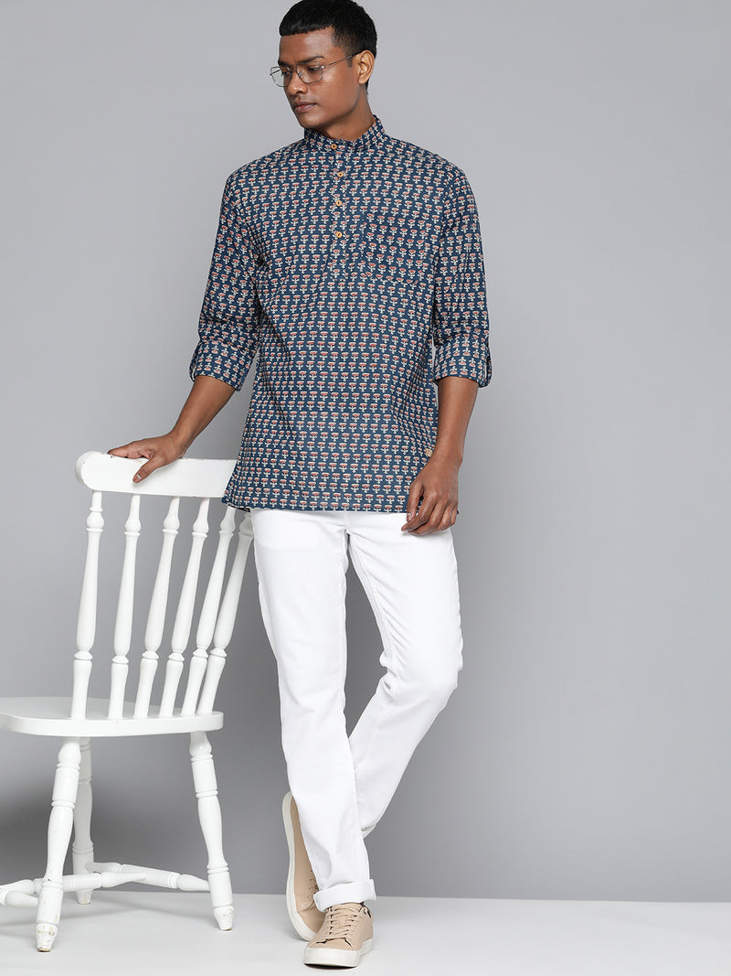 DENNISON Men Blue & Maroon Block Printed Kurta