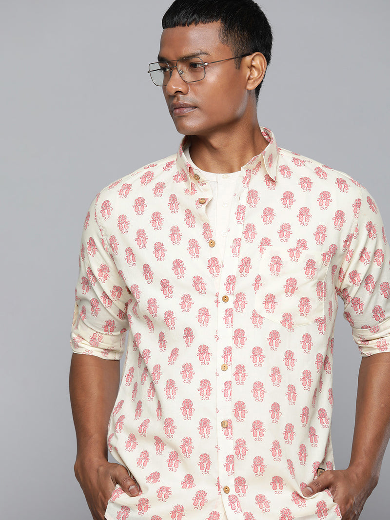 Cream: Full Sleeves Block Printed Shirt