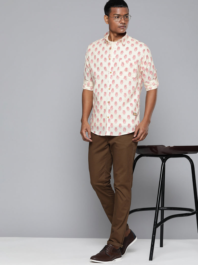 Cream: Full Sleeves Block Printed Shirt