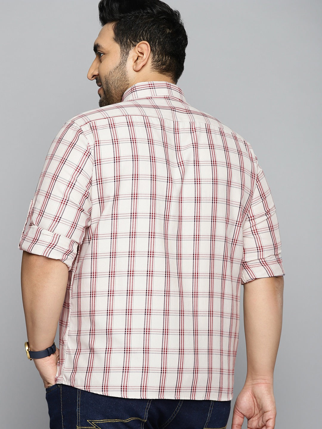 Plus Size Men Cream-Coloured  Red Slim Fit Checked Pure Cotton Casual Shirt