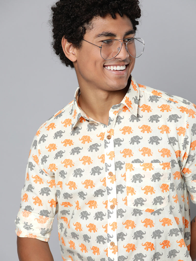 DENNISON Men Cream-Coloured Block Printed Shirt
