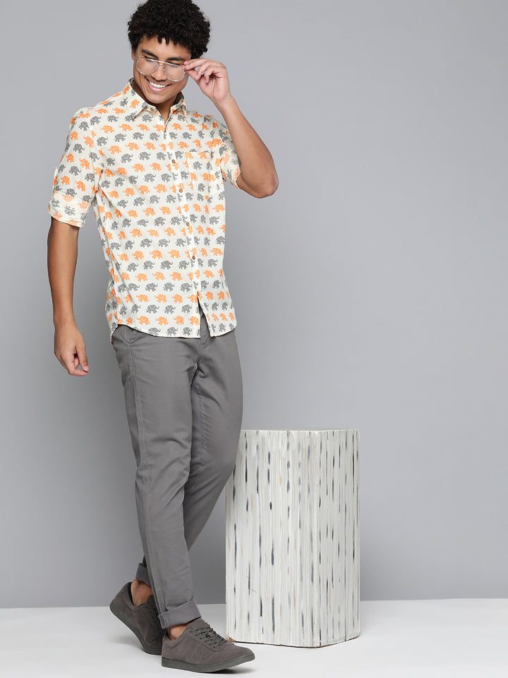 DENNISON Men Cream-Coloured Block Printed Shirt