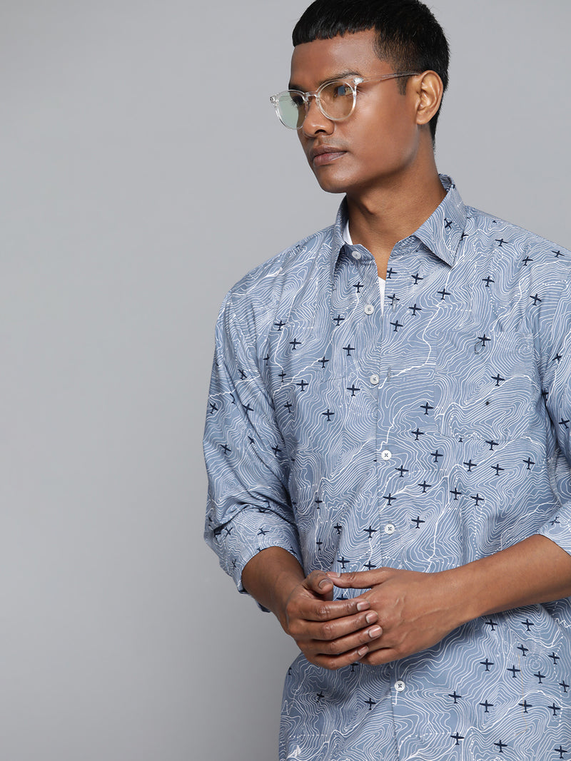 Blue: Full Sleeves Block Printed Shirt