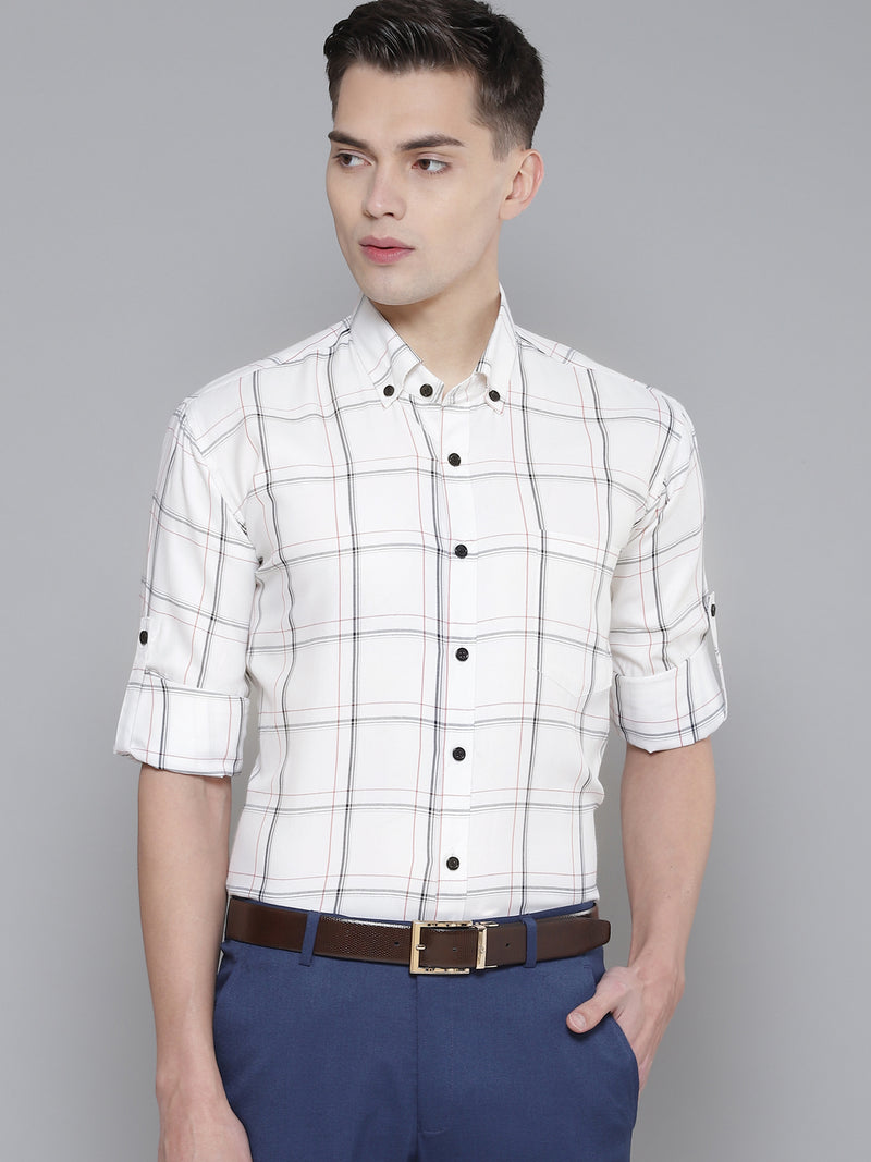 Men White Smart Slim Fit Checked Formal Shirt