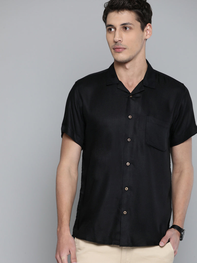 Men Black Cotton Twill Weave Slim Fit Casual Shirt