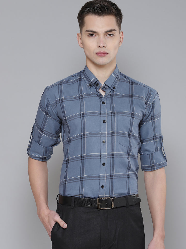 Men Blue Smart Slim Fit Checked Formal Shirt