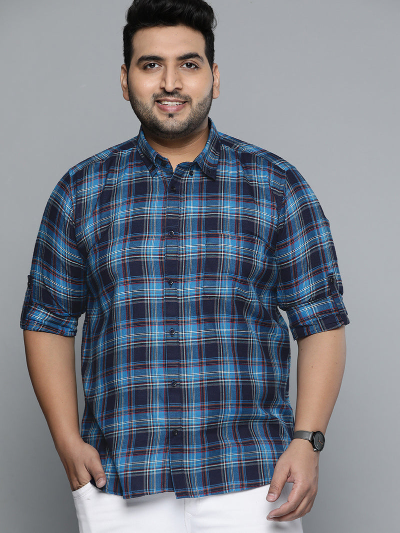 Men Navy Blue Smart Slim Fit Pure Cotton Opaque Checked Casual Shirt
