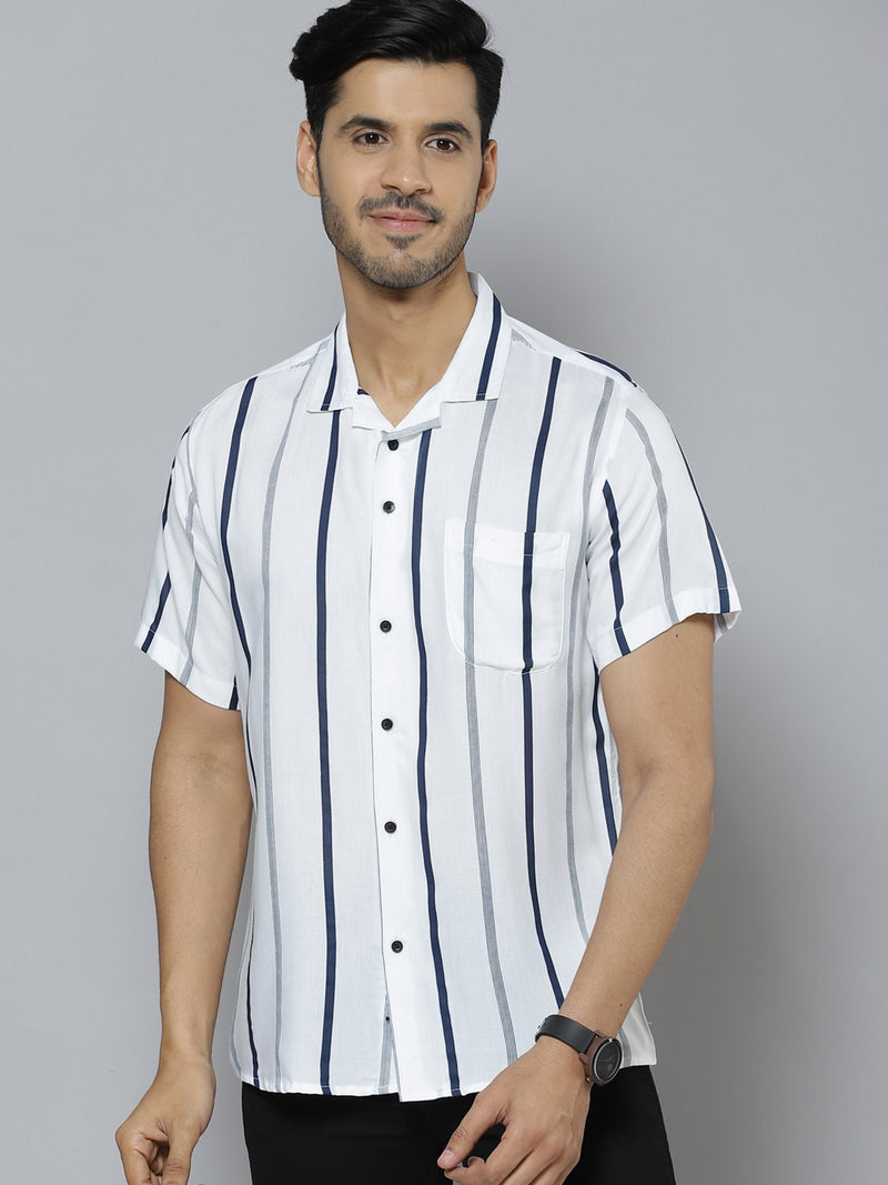 Men White  Black Smart Slim Fit Striped Cotton Casual Shirt