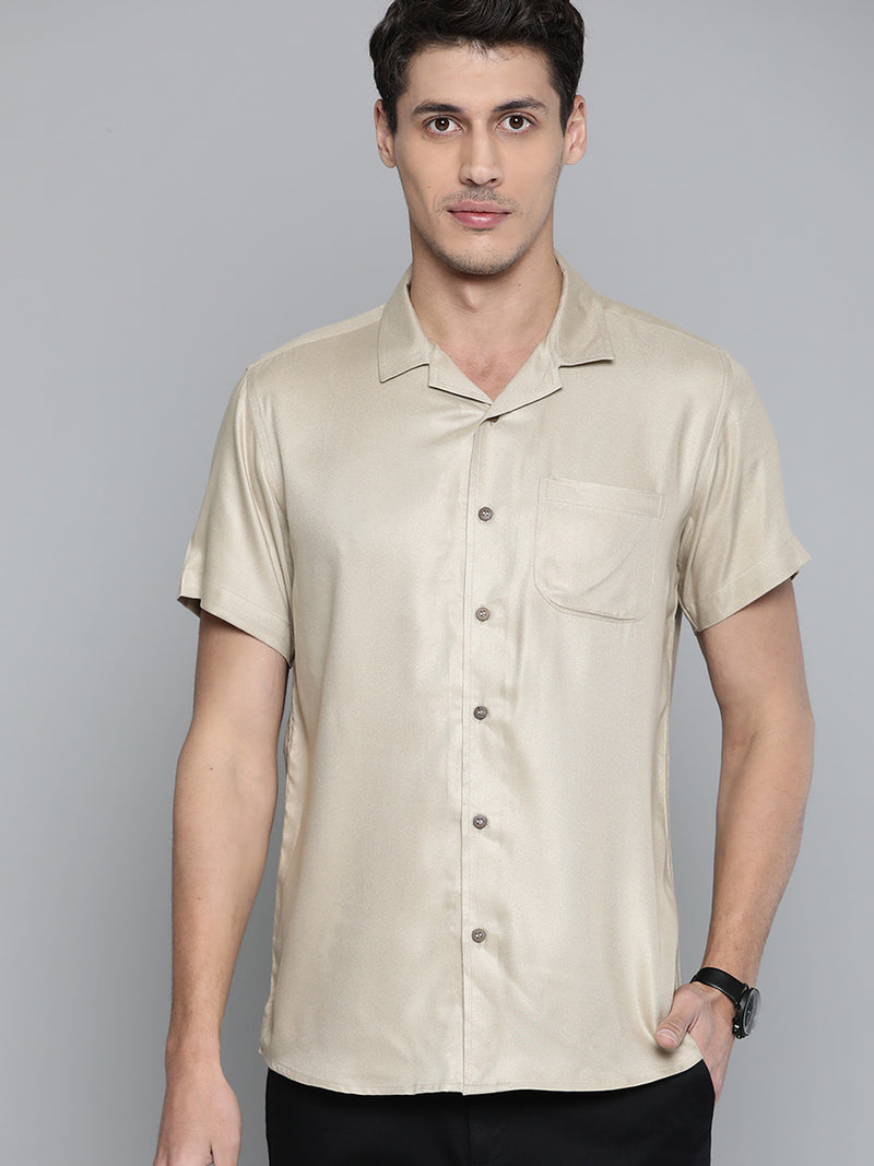 Men Beige Cotton Twill Slim Fit Casual Shirt