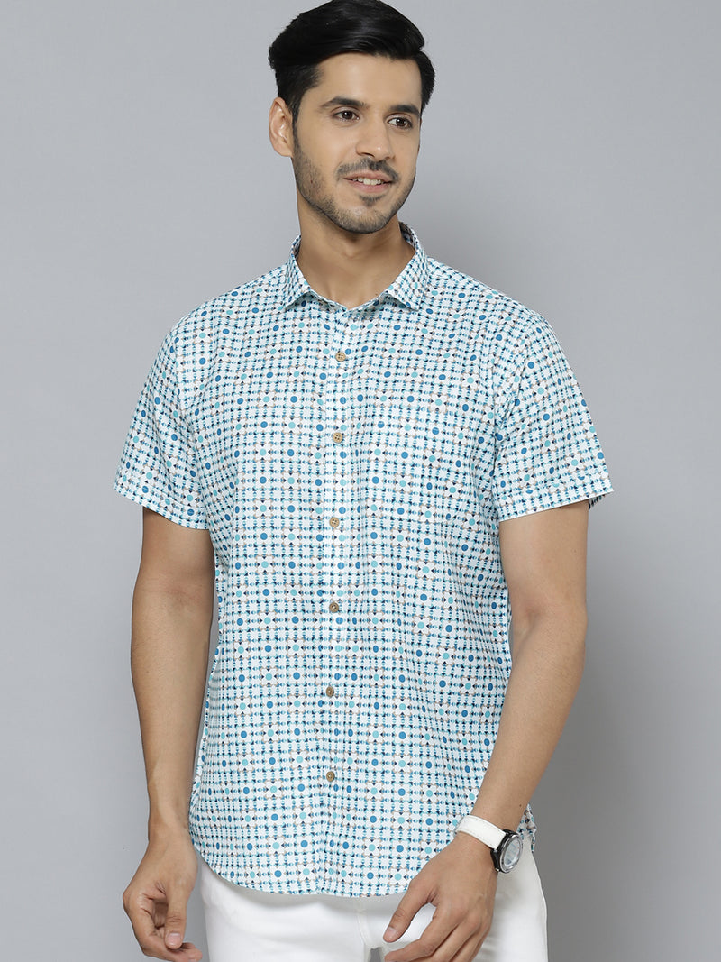Men White & Blue Block Printed Shirt