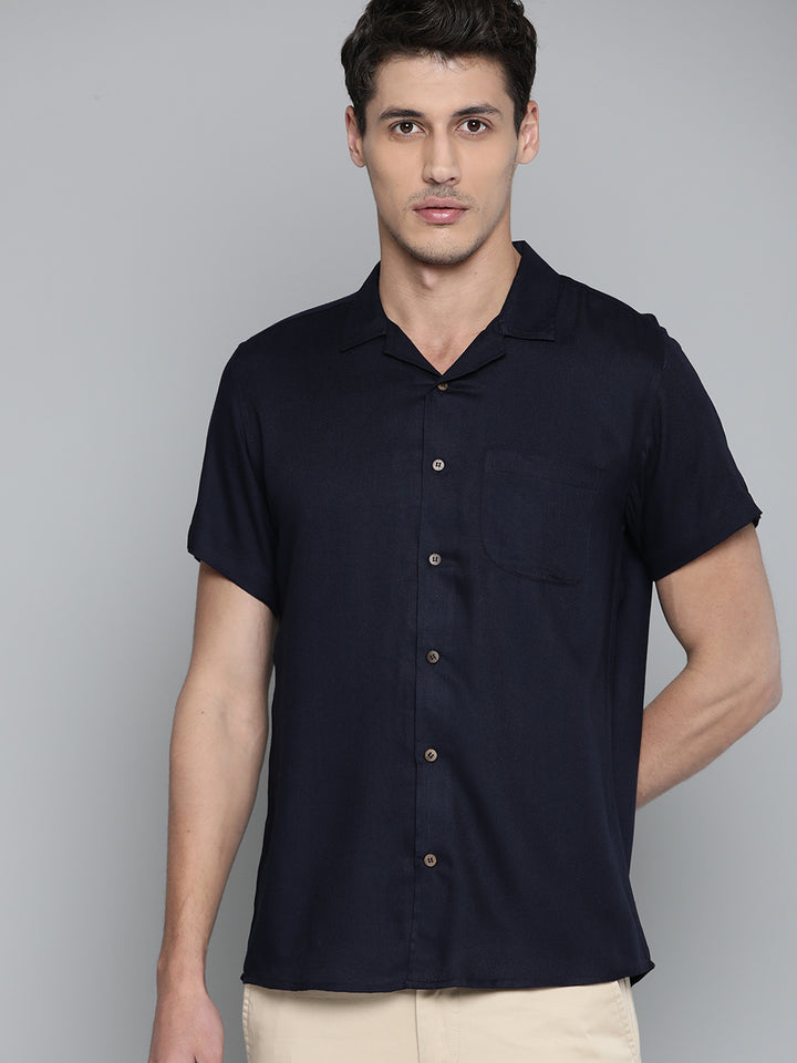 Men Navy Blue Cotton Twill Slim Fit Casual Shirt