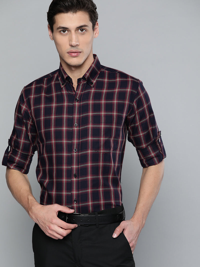 Men Navy Blue  Red Pure Cotton Smart Fit Tartan Checks Checked Formal Shirt