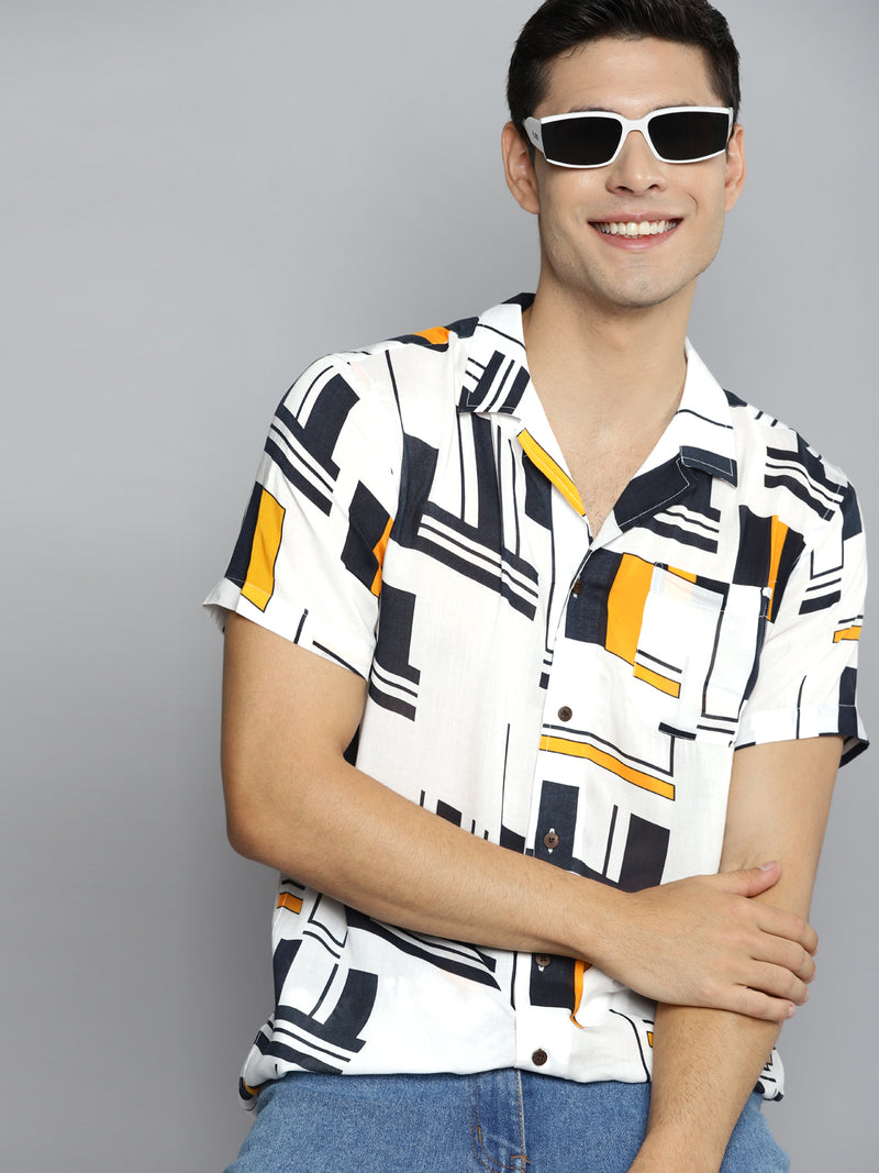 DENNISON Men White Smart Printed Casual Shirt