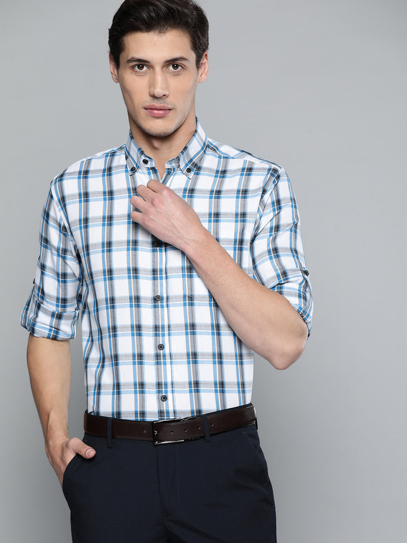Men White  Blue Pure Cotton Smart Fit Tartan Checks Checked Formal Shirt