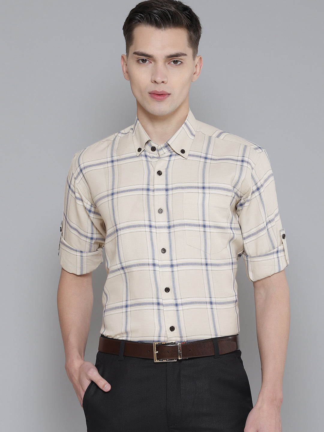 Men Cream-Coloured Smart Slim Fit Checked Formal Shirt