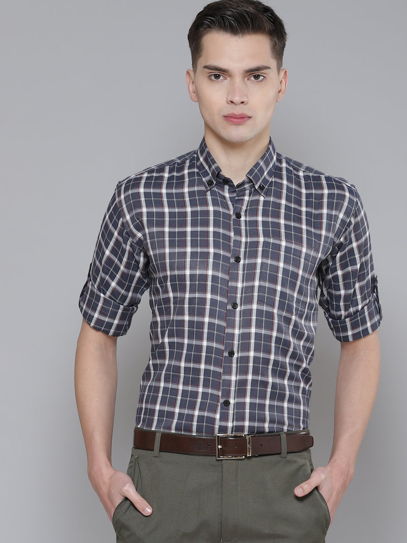 Men Charcoal Grey Smart Slim Fit Checked Formal Shirt