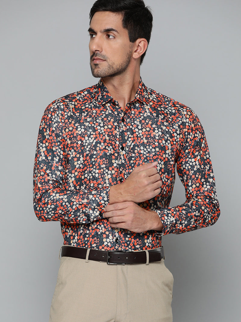 Men Navy Blue Smart Slim Fit Floral Printed Formal Shirt