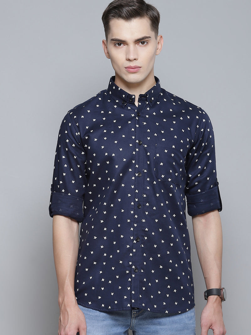 Men Navy Blue Smart Slim Fit Opaque Printed Casual Shirt
