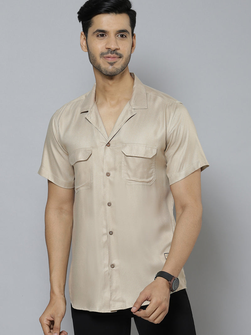 Men Beige Solid  Smart Casual Shirt