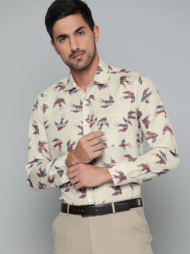 Men Cream-Coloured  Navy Blue Smart Slim Fit Printed Formal Shirt