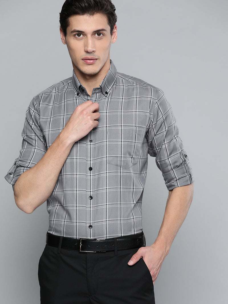 Men Grey  Black Pure Cotton Smart Fit Tartan Checks Checked Formal Shirt