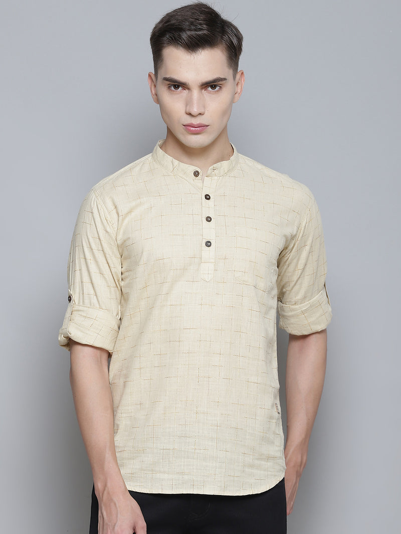 Men Cream-Coloured Patterned Comfort Slim Fit Cotton Kurta