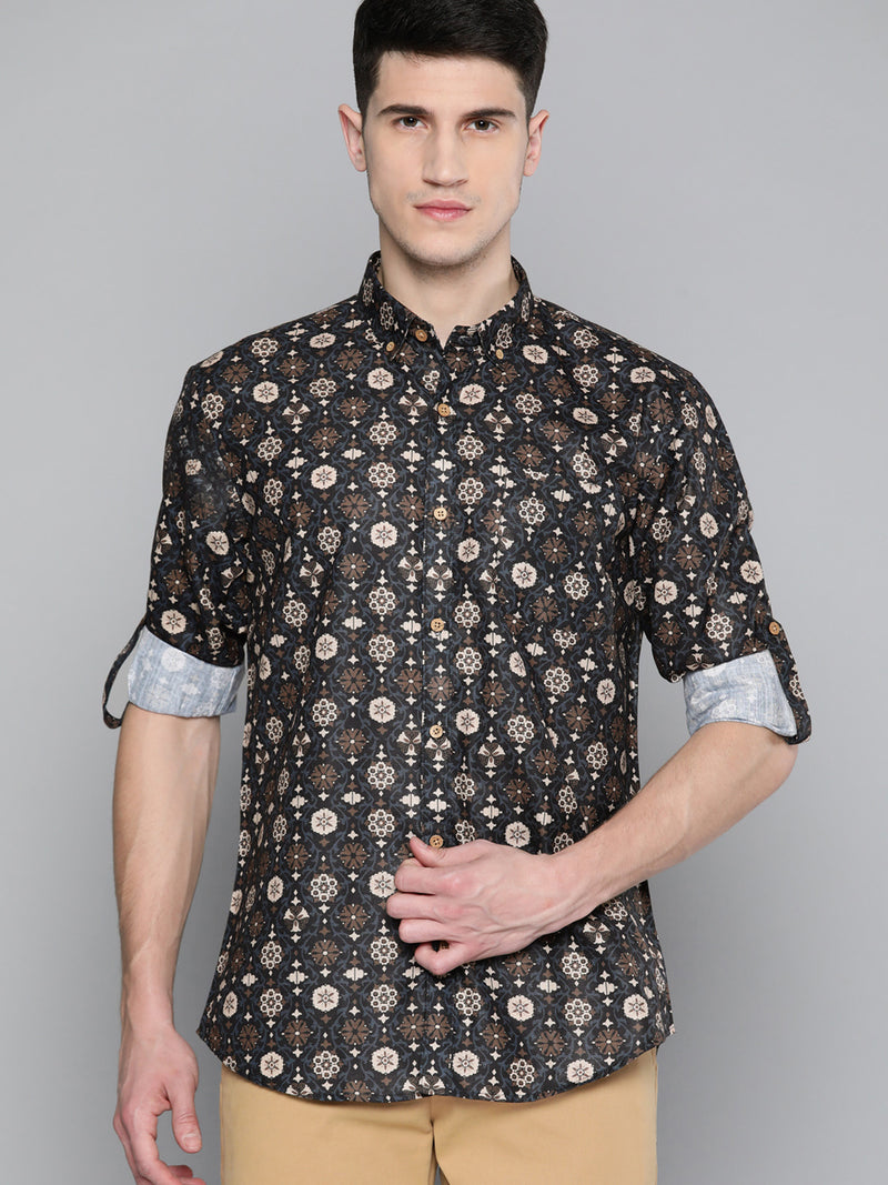 Men Blue  Brown Smart Slim Fit Printed Casual Shirt