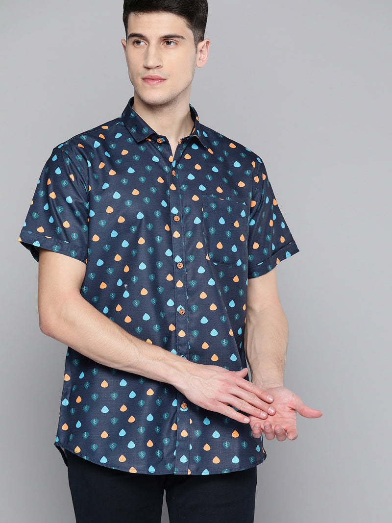 Men Navy Blue Comfort Fit Printed Casual Shirt