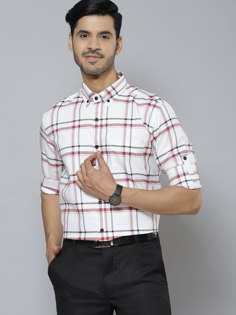 DENNISON Men White  Red Smart Slim Fit Checked Formal Shirt