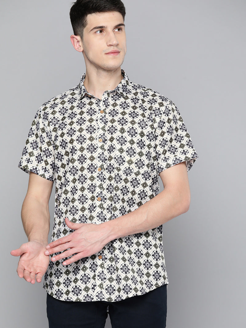 DENNISON Men White & Black Block Printed Shirt
