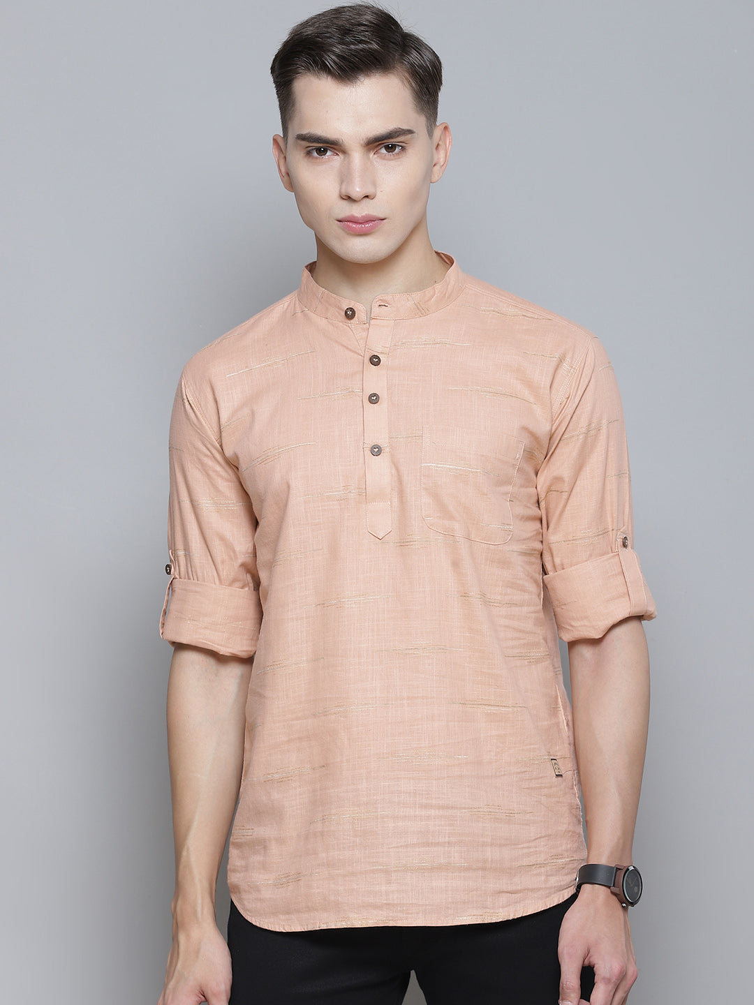 Men Peach-Coloured Comfort Slim Fit Striped Short Kurta