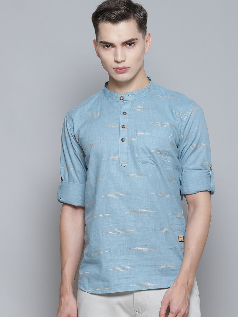 Dennison men's blue geometric patterned comfort slim fit cotton kurta front view