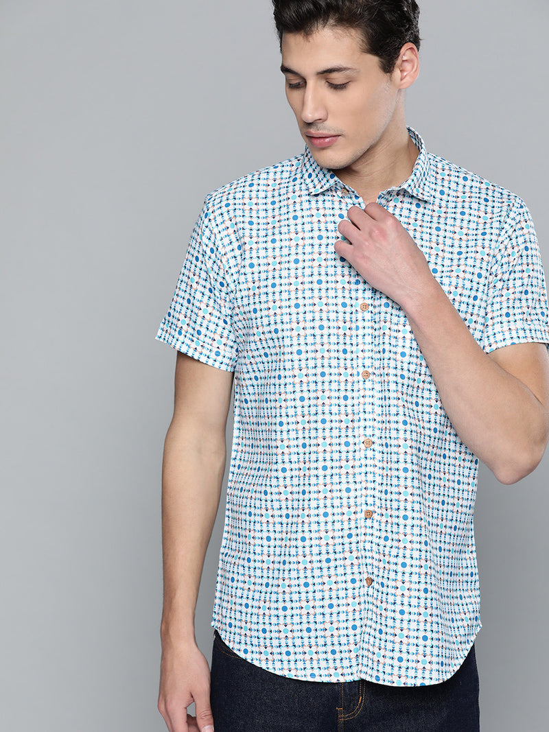 Men White & Blue Block Printed Shirt