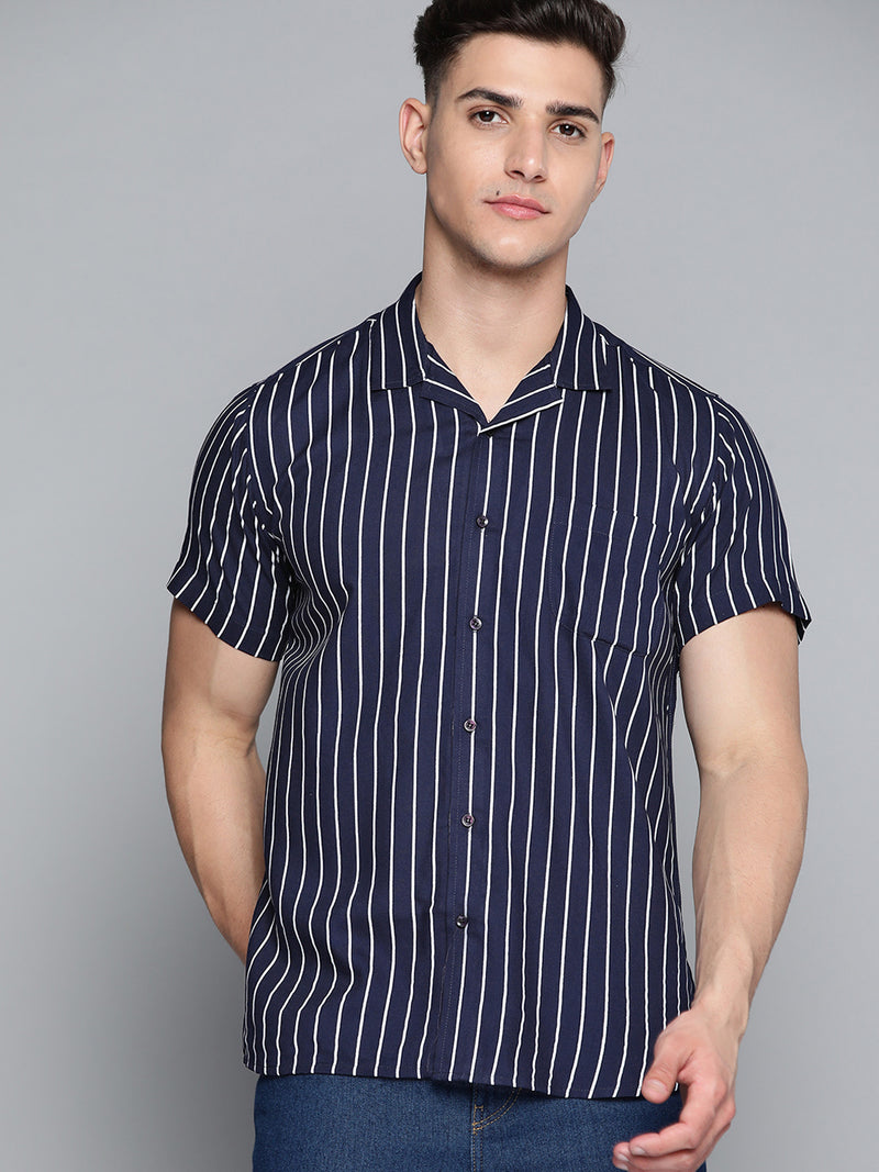Men Navy Blue Striped Smart Slim Fit Casual Shirt