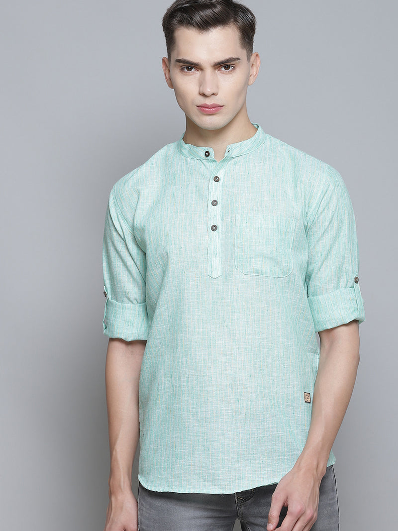 Dennison men's green striped comfort slim fit linen kurta front view