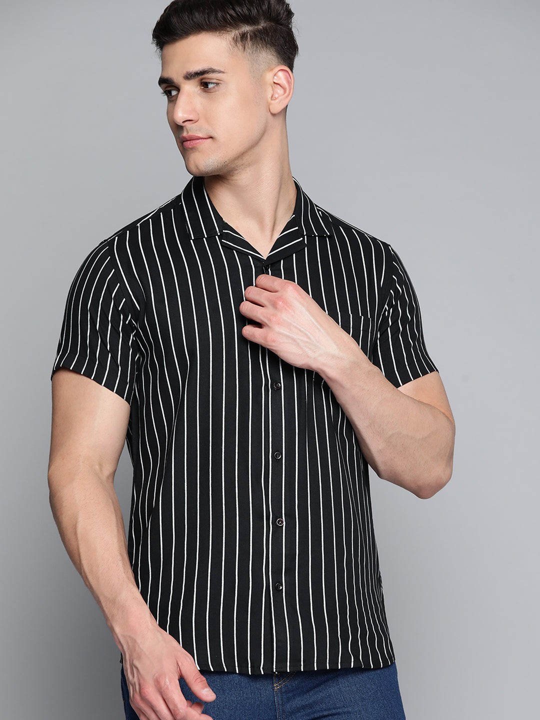 Men Black Striped Smart Slim Fit Casual Shirt