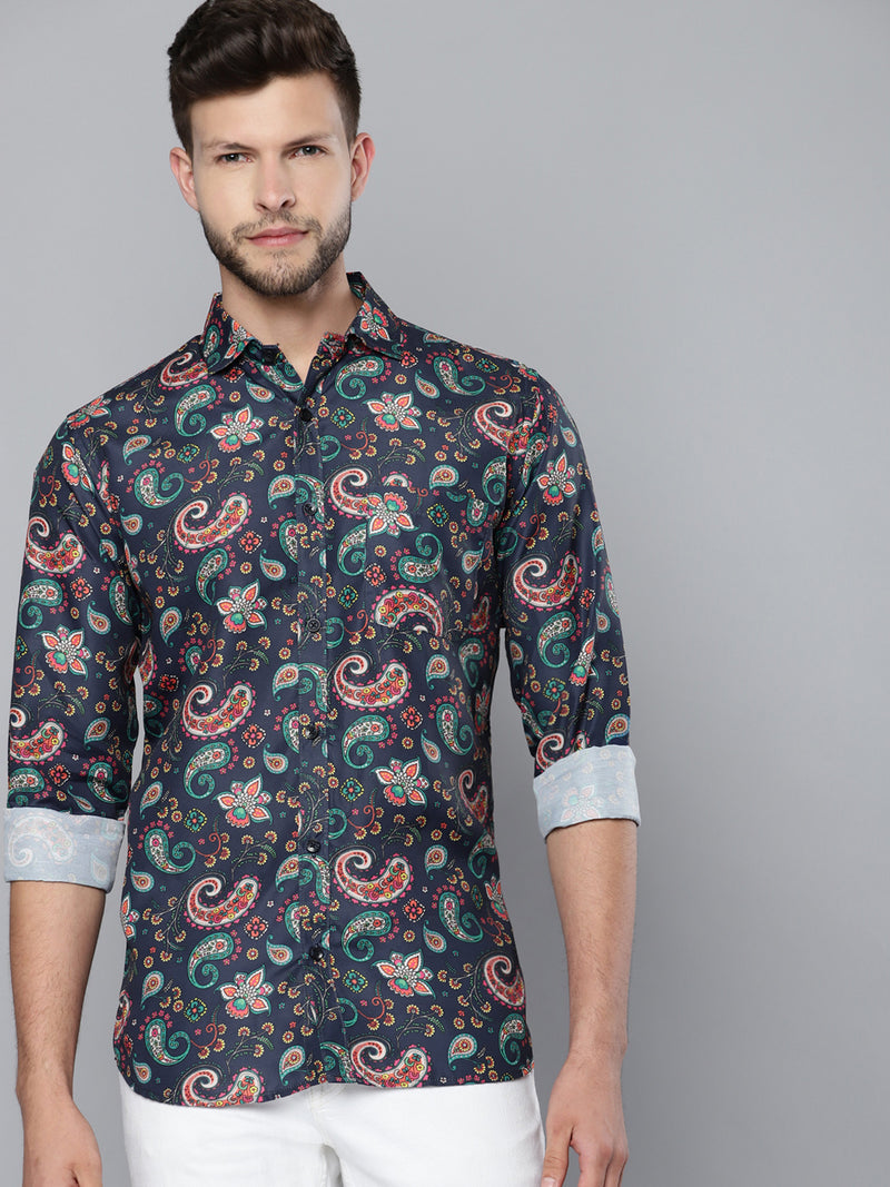 Men Navy Blue Smart Slim Fit Printed Formal Shirt
