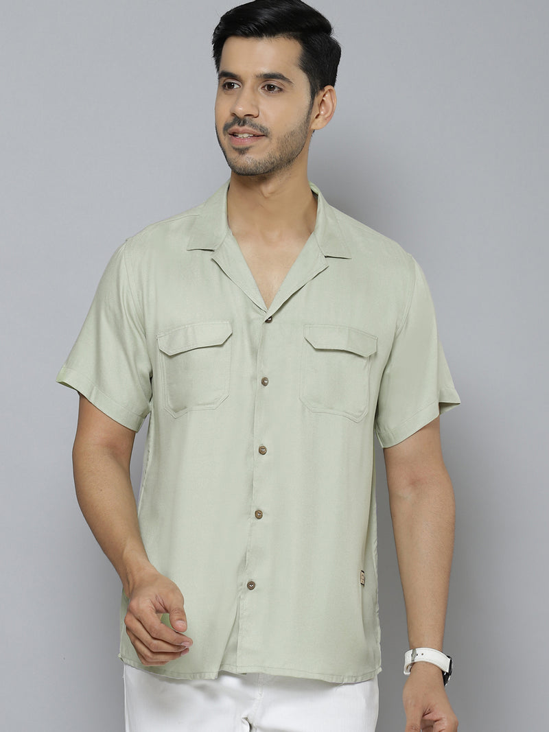 Men Olive Green Solid Smart Casual Shirt