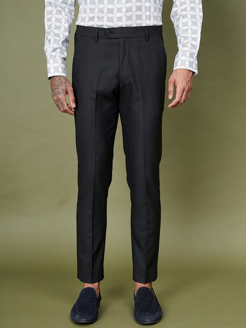 DENNISON Men Checked Smart Tapered Fit Easy Wash Formal Black Trousers