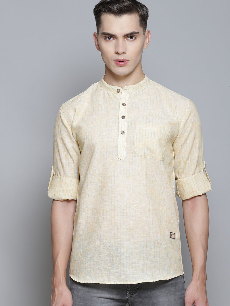 Dennison men's yellow striped comfort slim fit linen kurta front view