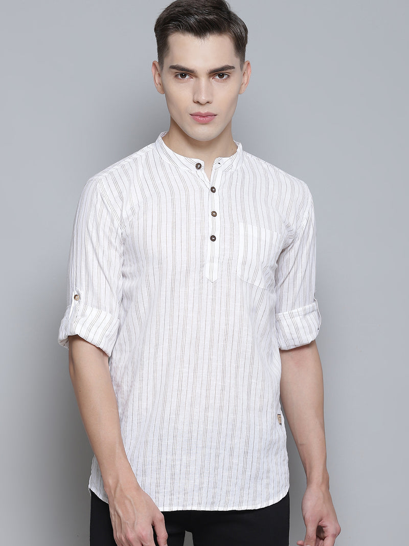 Men White Striped Comfort Slim Fit Opaque Cotton Kurta